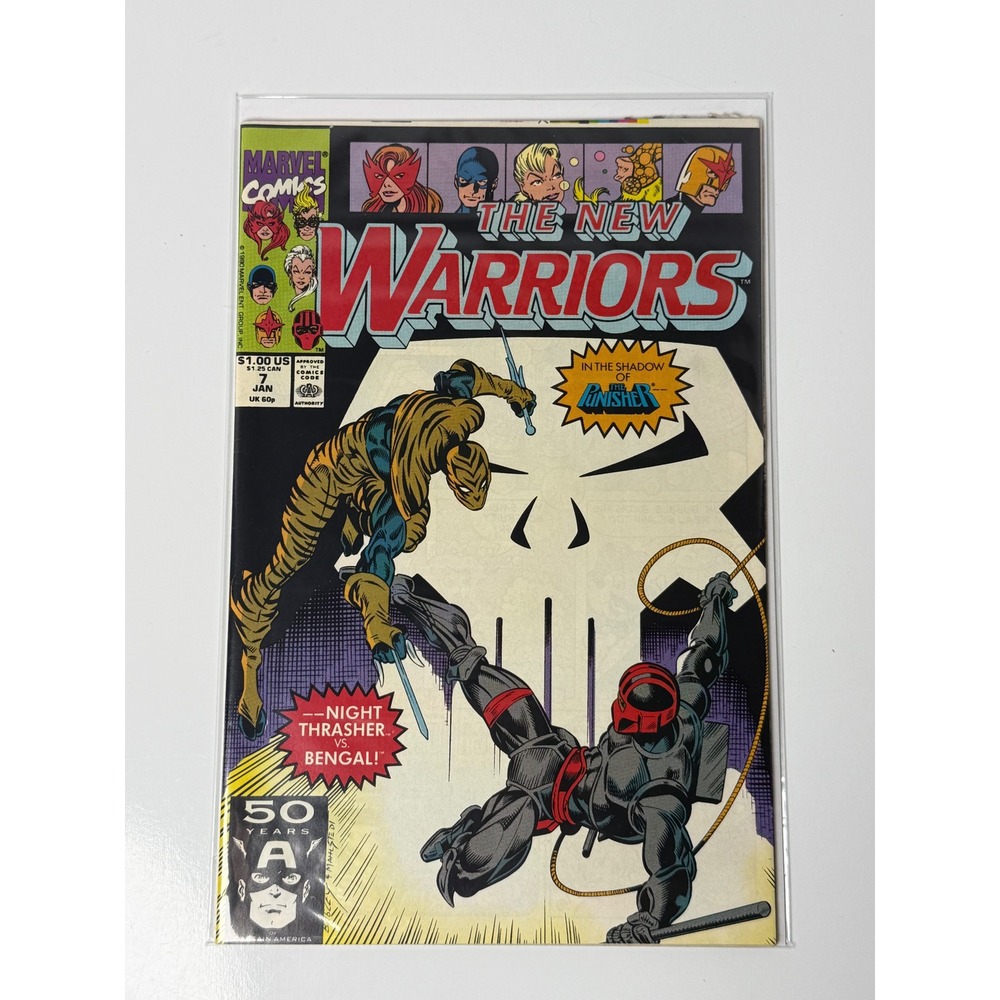 The New Warriors 7 1991 Marvel Comics Night Thrasher vs Bengal Punisher Cover